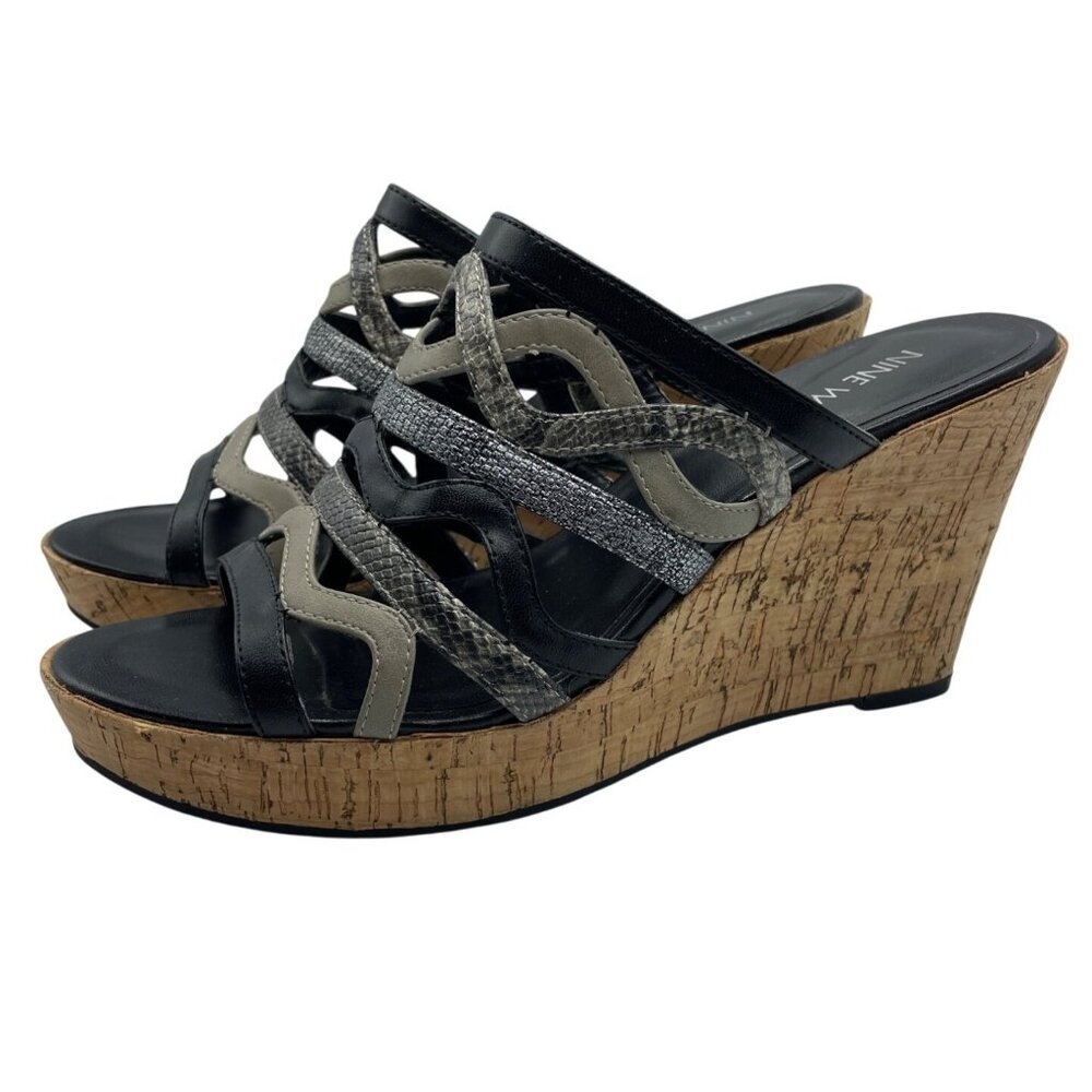 Nine West Womens Cork Wedge Sandals Size 7.5M Black, Silver & Neutral Strappy